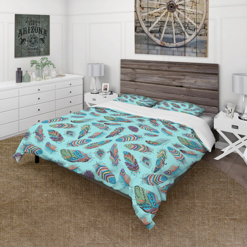 Ensemble de housse de couette bohémien Blue Hippie Boho Feathers - Microfibre polyester, Vert