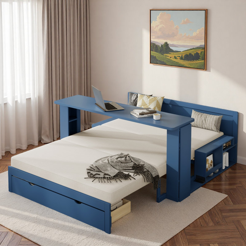 Lit de jour multifonctionnel avec tiroir de rangement, compartiments ouverts et table d'appoint hydraulique, Bleu