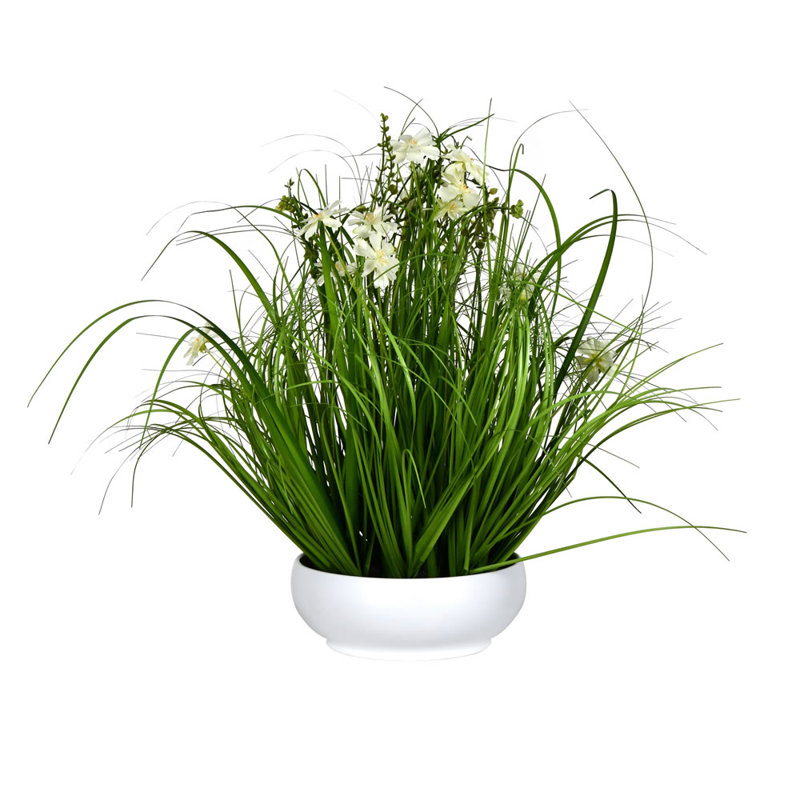 Cosmos artificiel en pot et herbe artificielle, H 21 po x l 20 po x P 20 po