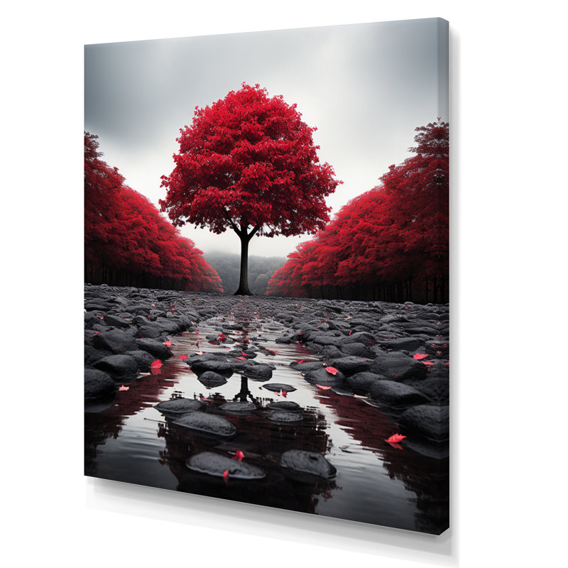 Rouge et gris forêt sérénité - art mural forêt, H 40 po x l 30 po x P 1,5 po, Toile tendue