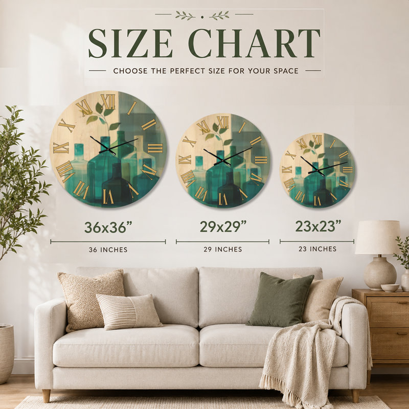 Vases en verre émeraude - Grande horloge murale moderne en bois, Très grand