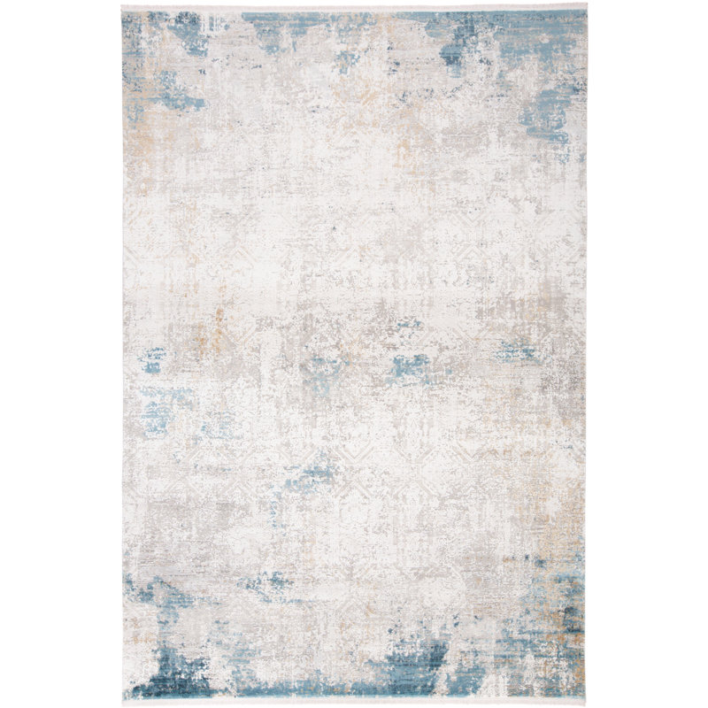 Tapis abstrait en viscose tissé à la machine Rosdom en ivoire / bleu / or, Rectangle 2 pi 2 po x 3 pi 2 po