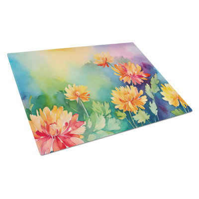 Chrysanthemums in Watercolor Glass Cutting Board Large