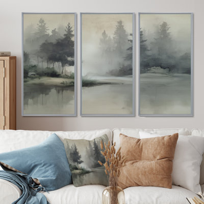 Ensemble de décorations murales Green Pine Trees Mist Lake Morning - Mist