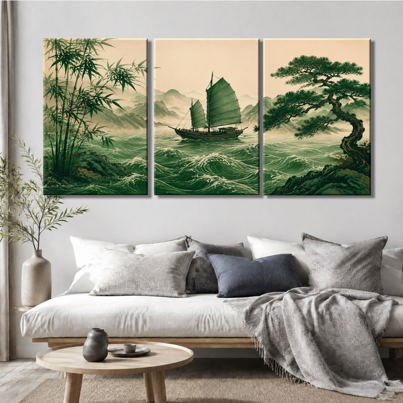 3 panneaux muraux, voilier chinois rétro, impression sur toile, 28 * 40 pouces * 3