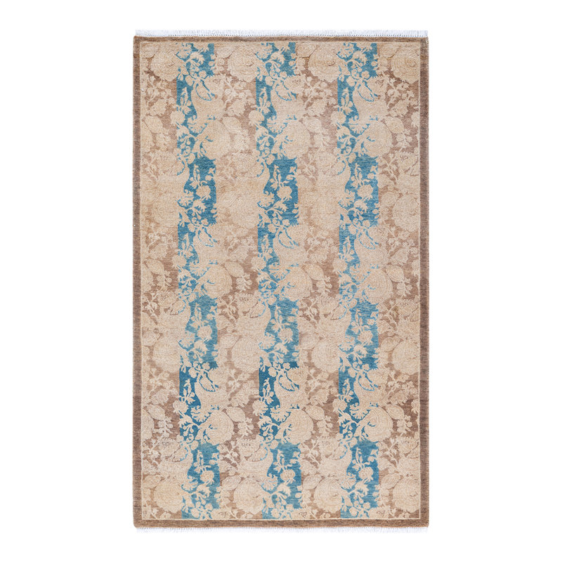 Tapis brun en laine noué à la main de conception unique 4 pi x 6 pi 4 po Hayner