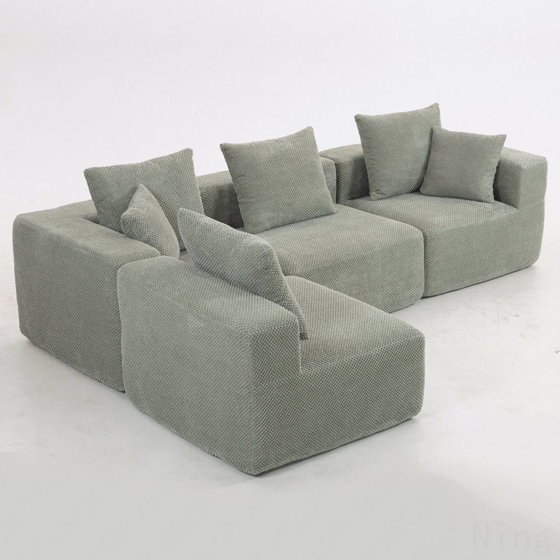 Modular Sectional For Living Room, Full-Foam Build, Textured Light Green Upholstery, Compact Compressed Package, Simple Assembly, Overall 111"X74"X24", 37" Module Size-Light Green
