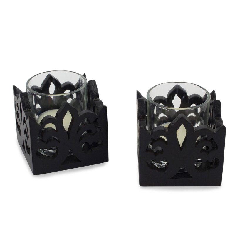 Ensemble de support de photophore en bois 2 pièces thaï fleur-de-lis