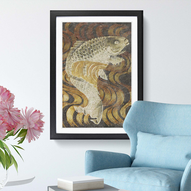 A Carp Fish Swimming Upstream - Single Picture Frame Painting, 63cm H x 45cm W x 2cm D, Black Framed