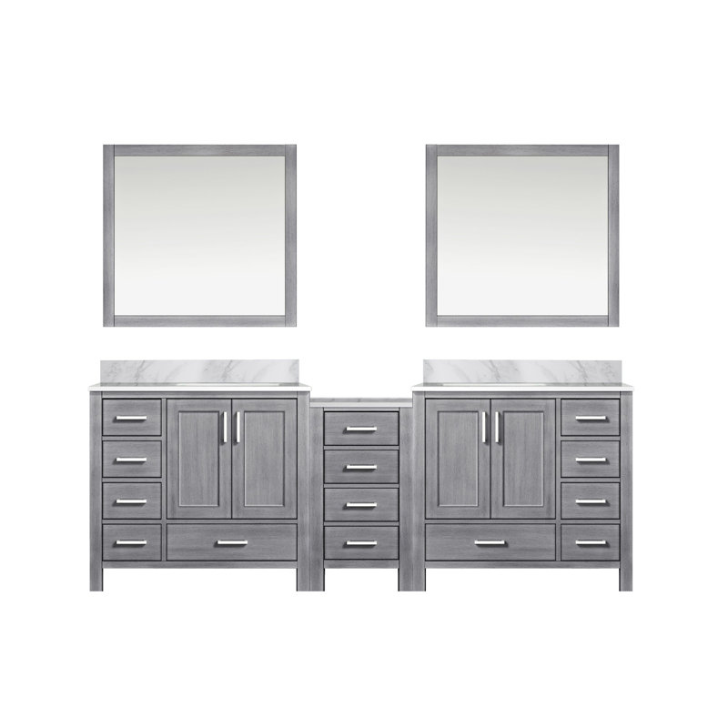 Meuble-lavabo double autoportant 92 po avec plateau en marbre de Carrare et miroir 92 po, Gris patiné