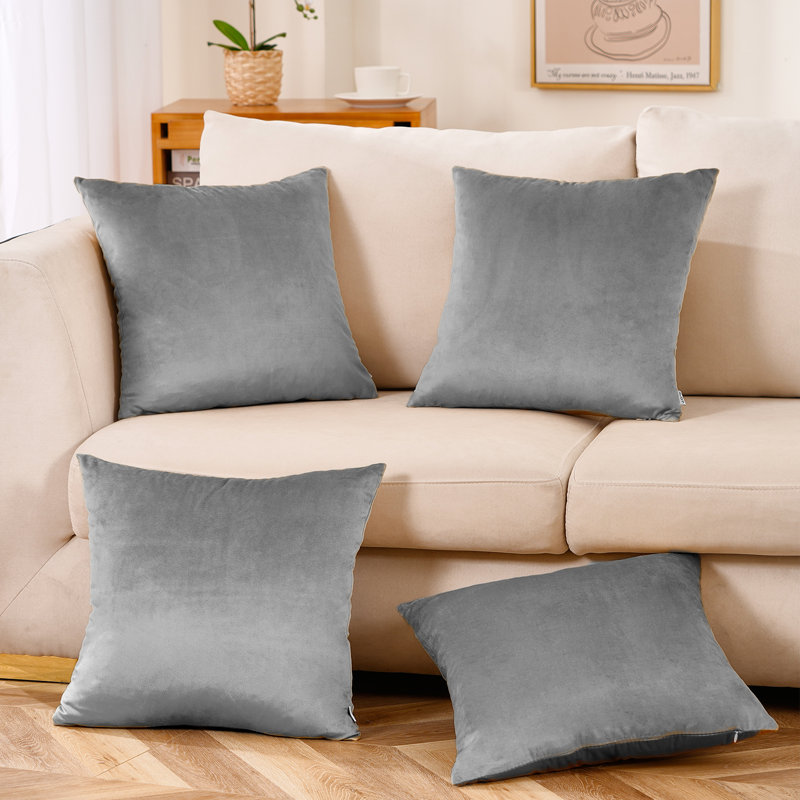 Set Of 4 Throw Velvet Cushion Covers, 18"H x 18"W, Light Gray