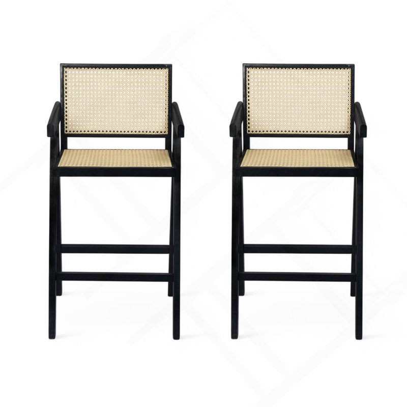 Tabouret de bar minimaliste moderne de 27 po avec siège en bois massif, structure en bois massif, Noir