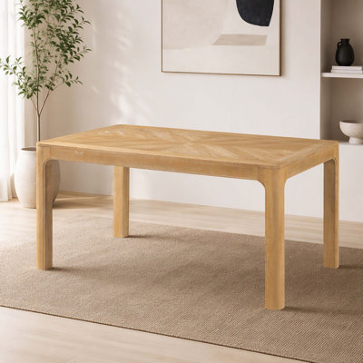 Table de salle à manger rectangulaire en bois naturel, plateau de style parquet, coins arrondis pour plus de sécurité, pieds incurvés et pieds réglables.