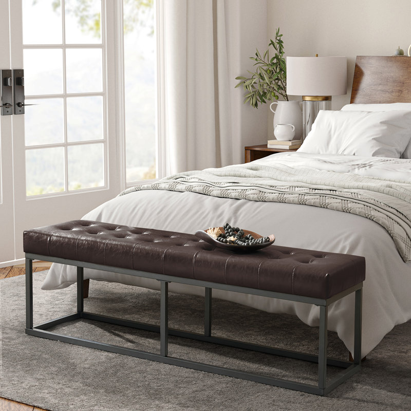 Anahli Jemaine 60.5'' W Mid-Century Modern Vegan Leather Bench with Metal Legs, Brown
