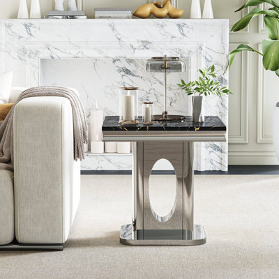 22.83" Square Marble End Table, Modern Faux Marble Top, Luxury Mirrored Polished Stainless Steel Round Hollow Base