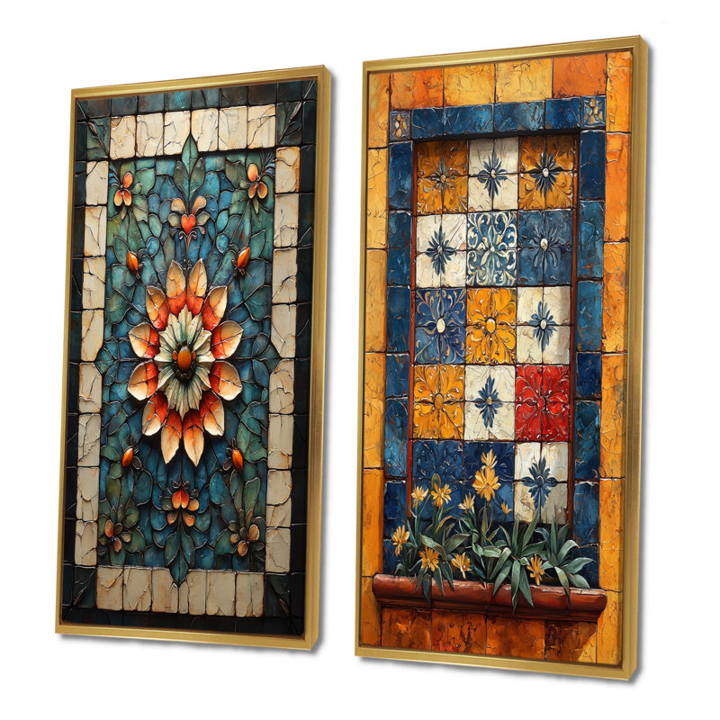 Ensemble de 2 pièces de carreaux orange de style balkanien I - Boho Tiles, Cadre flottant doré, H 28 po x l 24 po