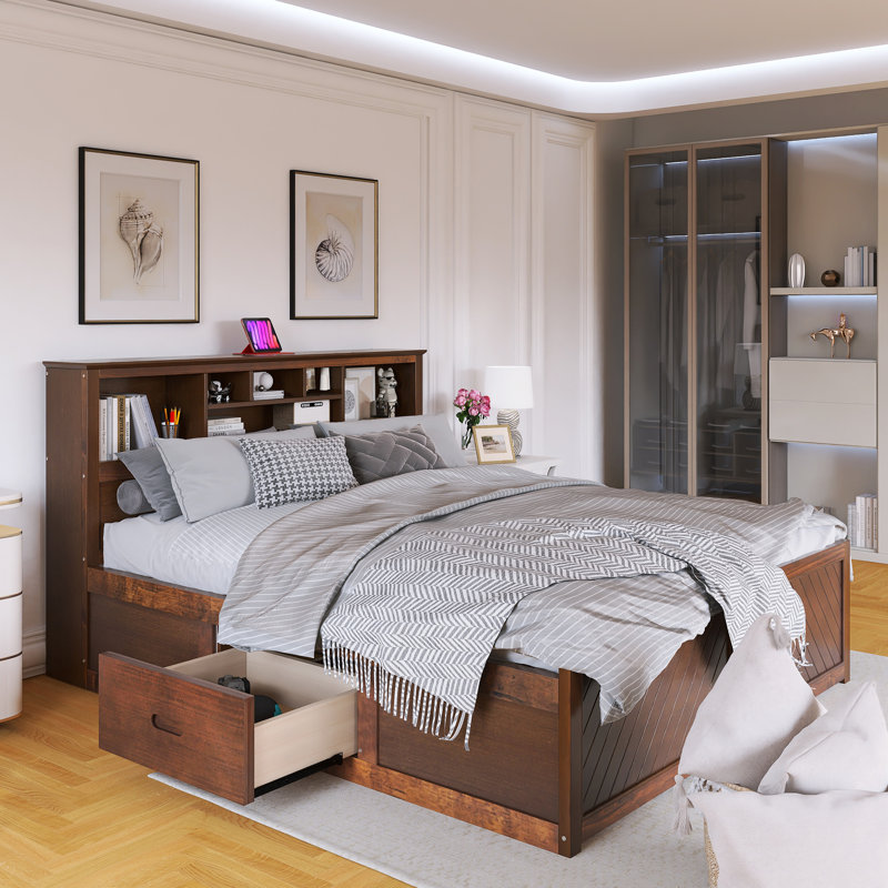 Lit plateforme très grand à structure en bois avec tête de lit multi-rangement, USB et tiroirs, Bois