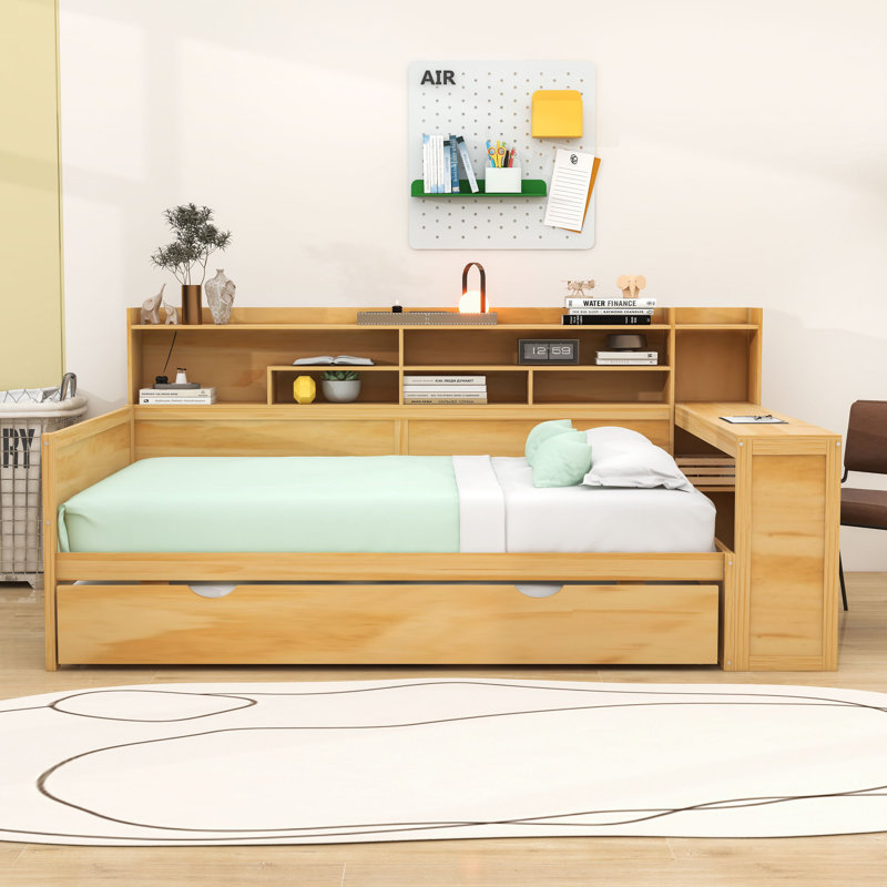 Daybed with  Trundle, Storage Shelves and Study Desk, Natural, Full