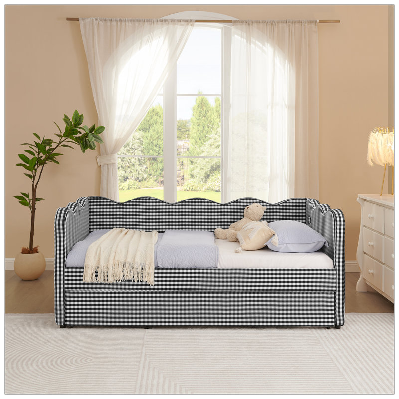 Lit de jour en vichy double avec couchette simple, tissu en lin avec port USB et forme ondulée, Noir, Lit simple