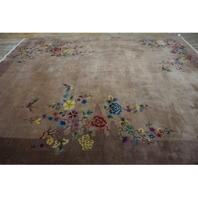 1920s Rectangle Knotted Chinese - Art Deco Wool Ivory Room Size Antique Rug