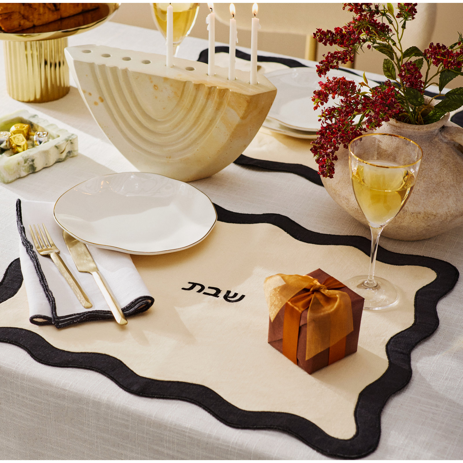 Linen Napkin, Cream/Black