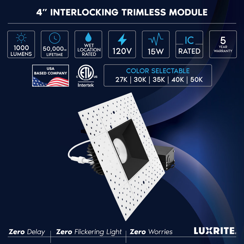 Projecteur encastré sans cadre 4 pouces DEL avec garniture emboîtable LUXRITE DEL, Twist N 'Lock, 5CCT, 15W, 1000LM, CRI90, faisceau à 38 °, intensité variable, paquet de 6 ETL