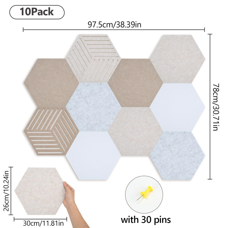Panneaux muraux auto-adhésifs insonorisants pour tableau d'affichage en feutre, panneau de liège moderne pour décoration de bureau, tableau mémo à punaises (hexagone-10p)