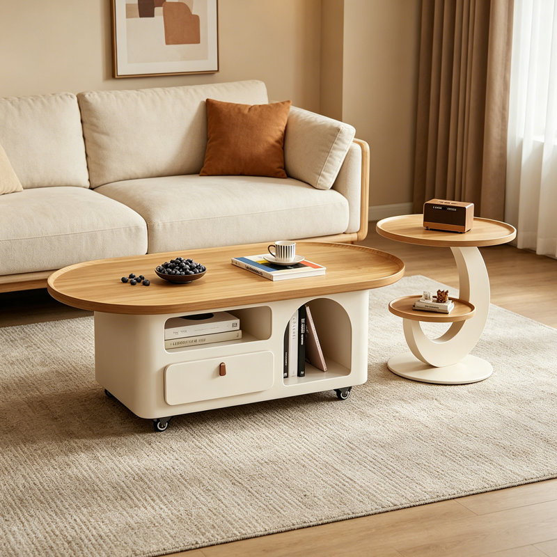 Simple Movable Wood Coffee Table Storage Drawers, 16.53" H x 47.24" L x 23.62" W, Brown/White