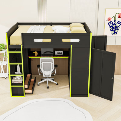Lit mezzanine en bois 2 tiroirs avec bureau, garde-robe, USB et lumières DEL RVB