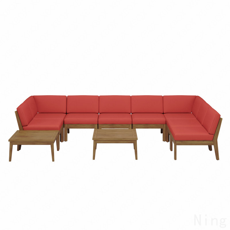 Ensemble de canapé modulaire en bois d'acacia 8 places Grenada, teck + rouge