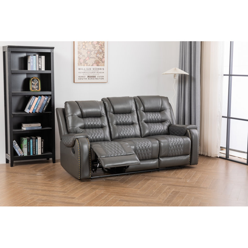 Ilyia Vegan Leather Livingroom Reclining Sofa, Gray Faux Leather