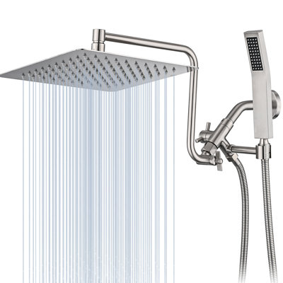 All Metal 10 Inch High Pressure Rainfall Shower Head Swivel Extension Arm With Handheld Spray