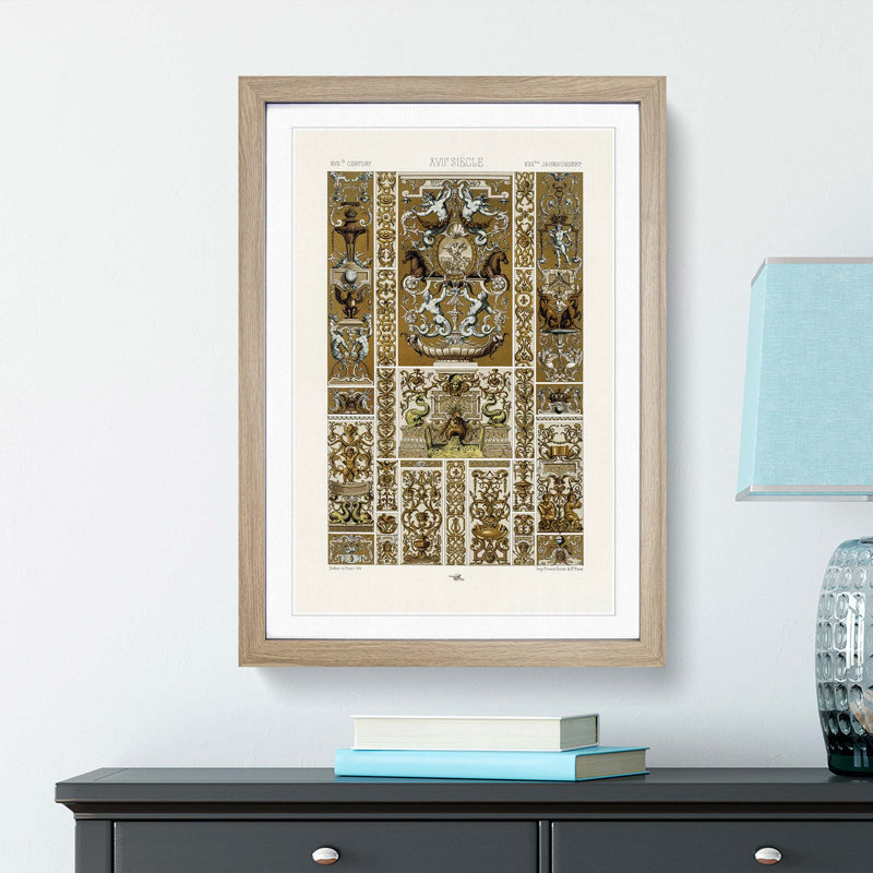 17th Century Pattern with Horses by Albert Racinet - Picture Frame Painting Print, 87cm H x 62cm W x 2cm D, Oak Framed