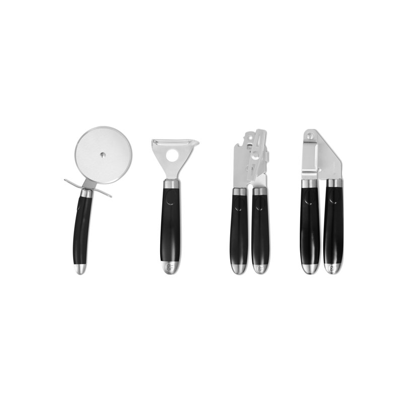 GF832253 Good Food in Partnership with Tower 4pc Gadget Set, Pizza Cutter, Y Peeler, Can Opener, Garlic Press, Stainless Steel Heads, Black