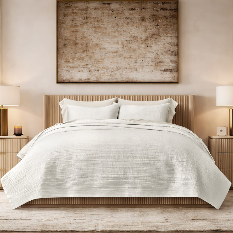 EVERGRACE Channel Stitch 100% Cotton Quilt Set, Pre-Washed Cotton Sateen Coverlet Bedspread, 3-Piece Soft & Breathable Bedding Set With 2 Shams For All Seasons