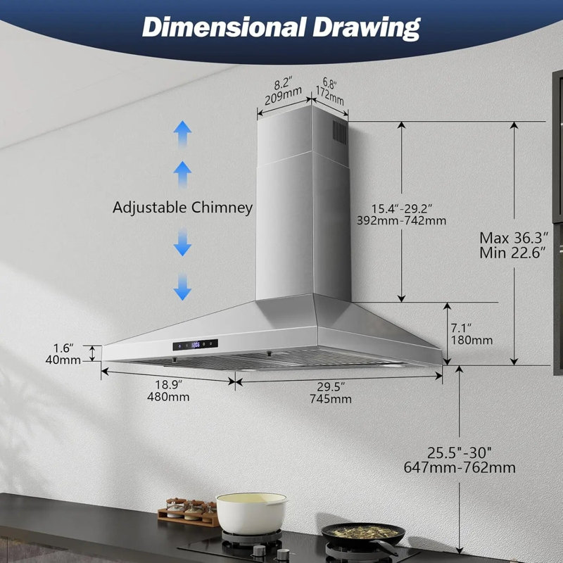Hotte murale 30 pouces en acier inoxydable, Silver