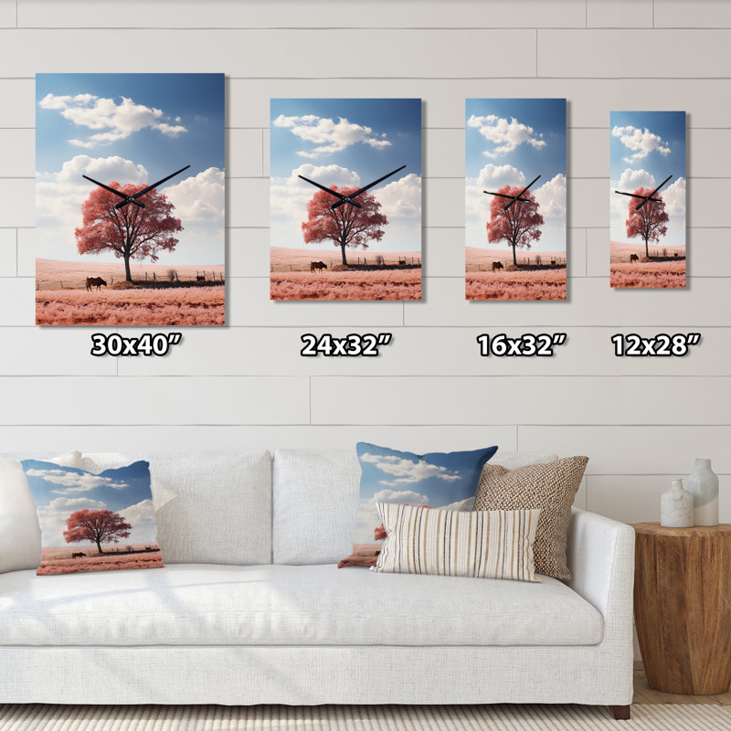 Horloge murale surdimensionnée Pink Tree Tranquil Fields - Paysages, Médium