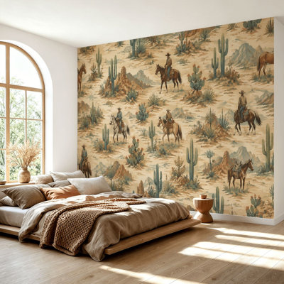 Papier peint adhésif peler et coller rétro Cowboy de l'Ouest Cactus paysage désertique autocollant amovible en papier contact mural pour salon