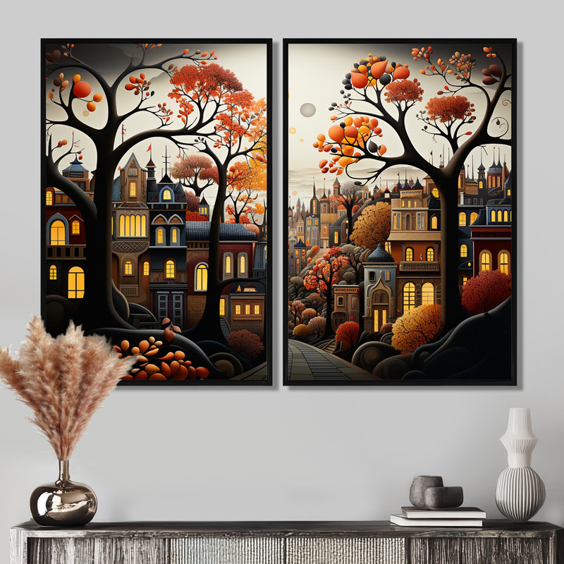 Cozy Village In Autumn Moonlit I - décoration murale brune, Impression encadrée flottante, Black, 36" H x 48" W