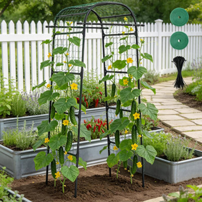 U-Shape Vegetable Trellis, Raised Bed Garden Trellis With Nylon Net, Clips & Cable Ties, Sturdy Metal Frame For Cucumbers, Tomatoes, Beans, Peas