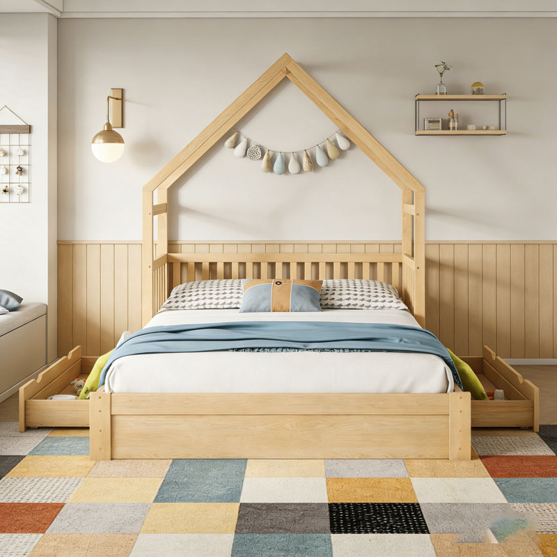 Grand lit plateforme en bois avec garde-corps et 2 tiroirs, Naturel