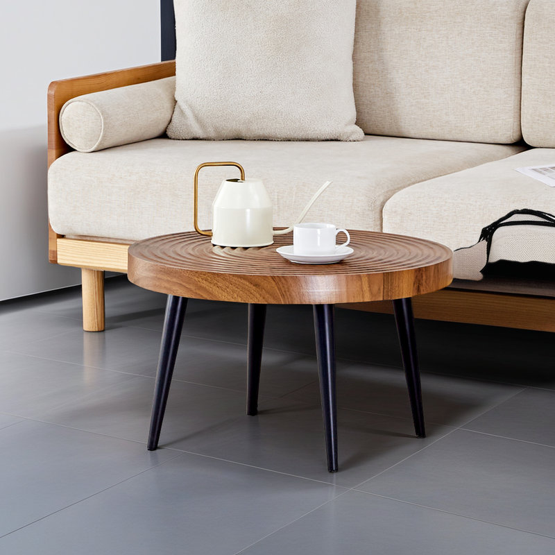 23.6" Round Wood Grain Coffee Table – Black Metal Legs & Adjustable Feet, Natural Wood, Black