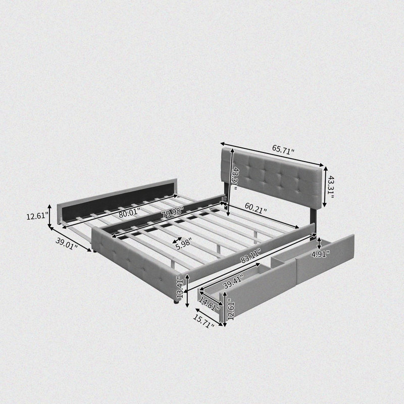 Lit plateforme tapissier avec rangement Modern, Gris clair