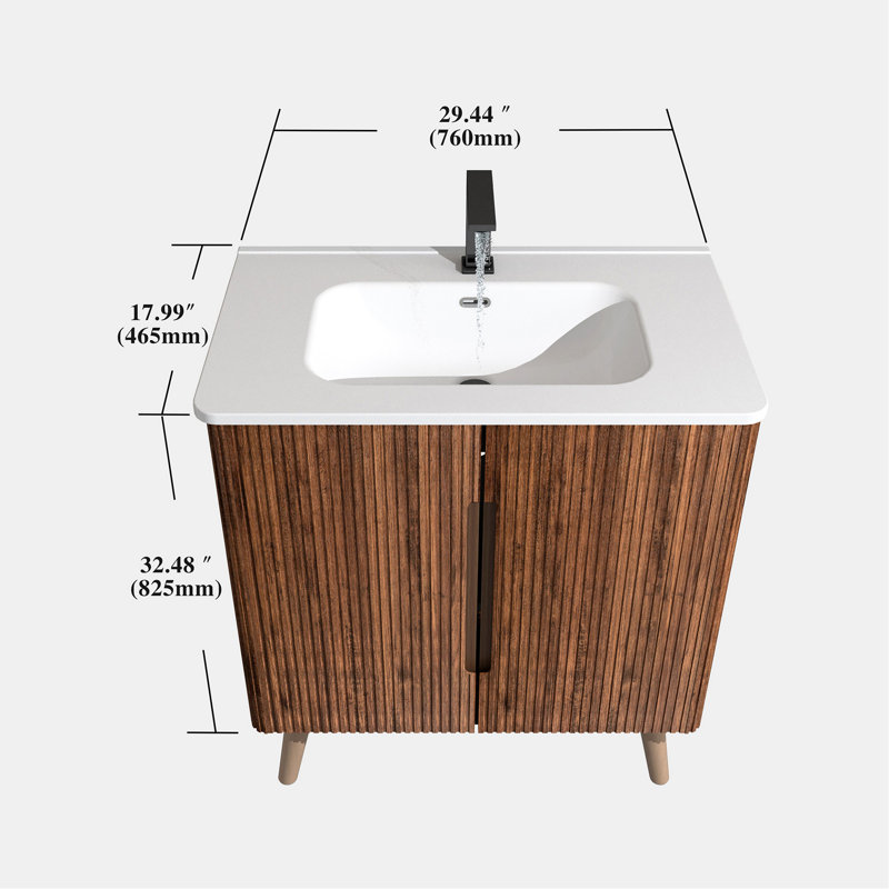 Armoire de salle de bain rayée en noyer 30 po - Bords courbés modernes, porte à fermeture en douceur réfléchie, grand rangement, avec lavabo, lavabo autoportant et mural en noyer, design moderne, pour