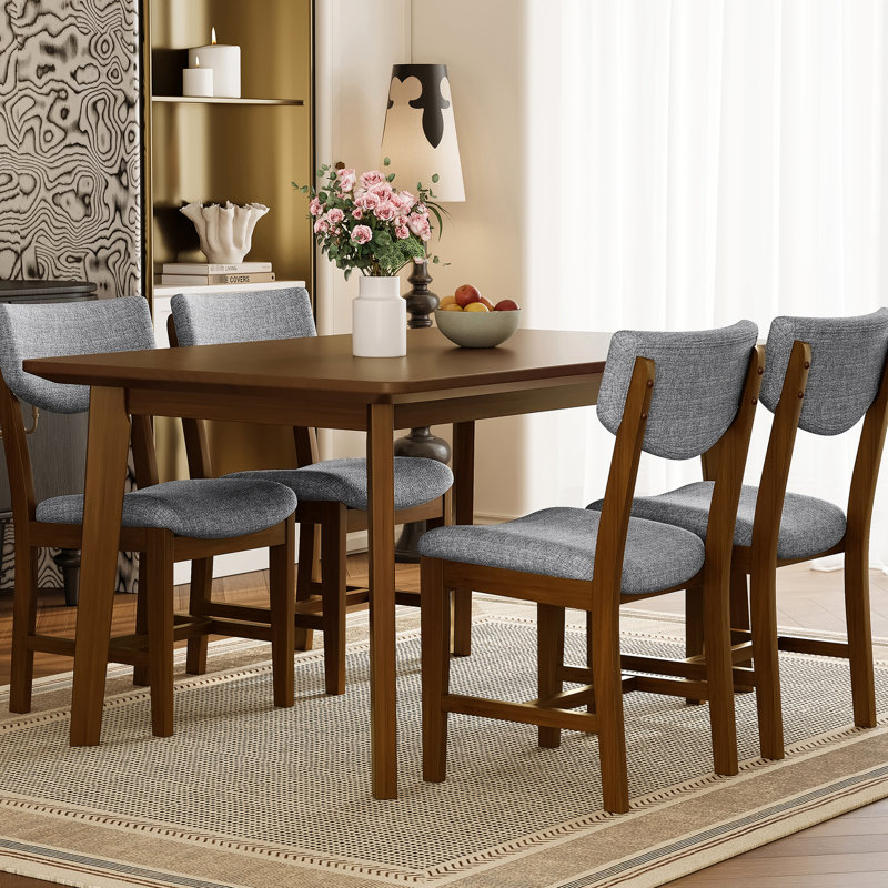 5 tables de salle à manger rustiques comprenant 1 table rectangulaire en bois massif et 4 chaises rembourrées, idéales pour les repas en famille, noyer: petites réunions de style, finition