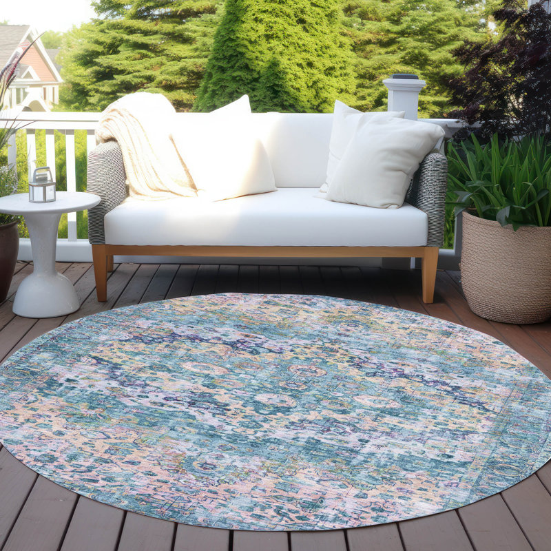 Machine Washable Indoor/Outdoor Xhevrie Denim Rug, Round 8'