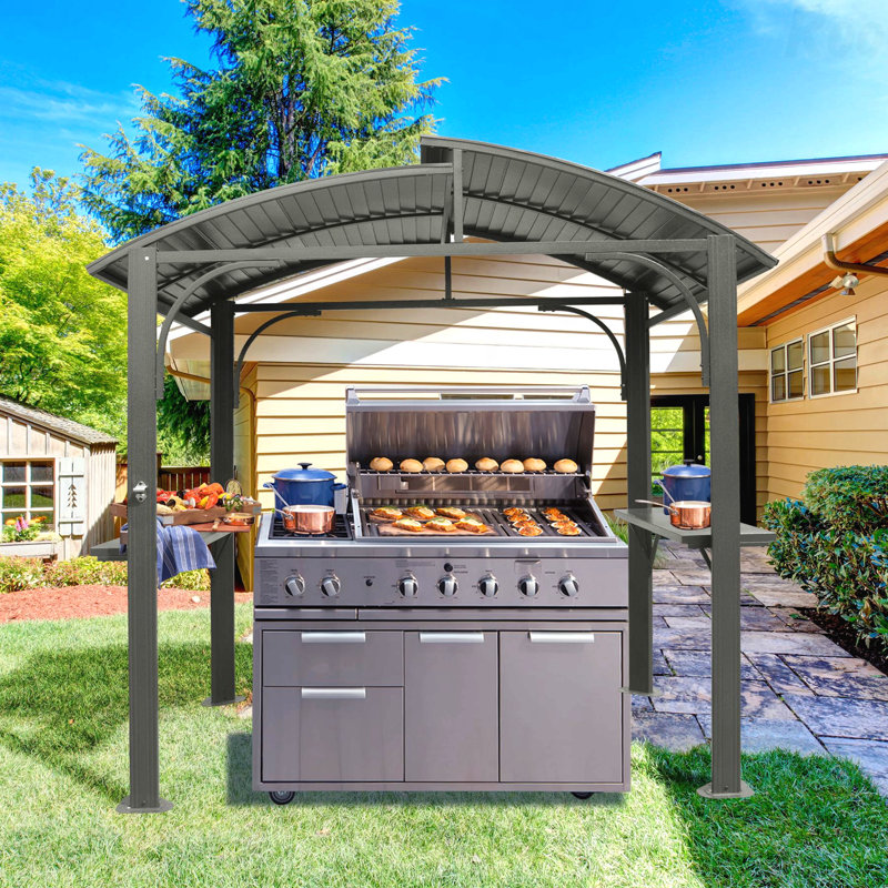 8X5FT Grill Gazebo Steel, For Outdoor Use With Double Galvanized Steel Roof & Side Shelves, Gray