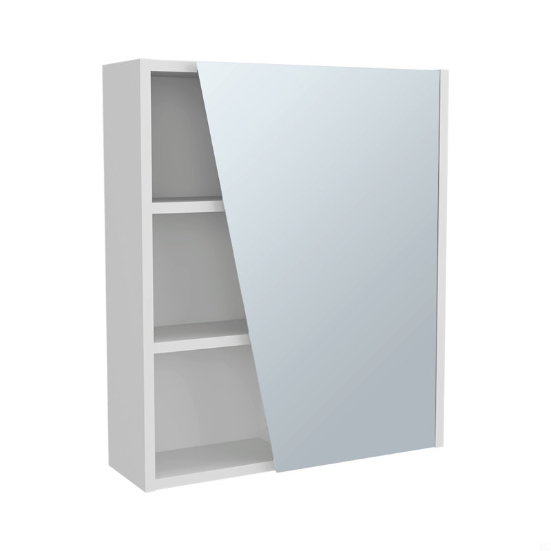 Armoire à pharmacie murale à miroir avec une porte et quatre compartiments ouverts