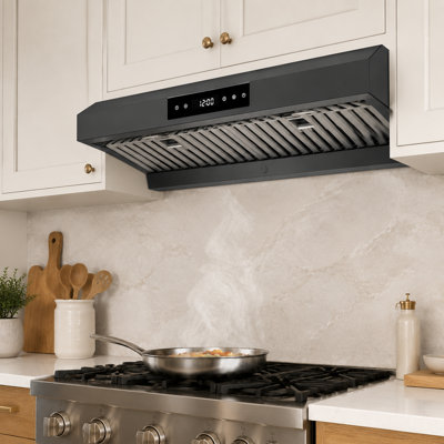 Hotte sous un meuble à conduit 30 pouces 900 CFM VENFAN, évent de cuisine à deux moteurs en acier inoxydable noir, contrôle tactile 4 vitesses, lumières DEL et 3 filtres à chicane