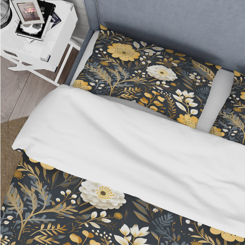 Noir et jaune Boho Botanical - Ensemble de housse de couette Boho - Polyester en microfibre